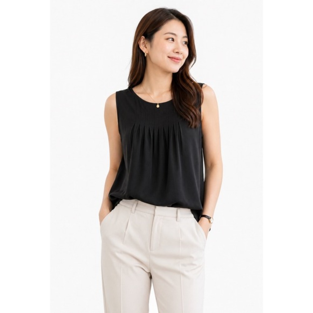 LOFT Black Sleeveless Pleated Neck Keyhole Back Blouse Top Shell Preppy 83-21‎